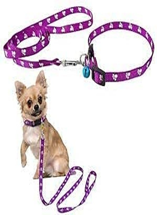 Pups&Pets 15MM Adjustable Nylon Paw Print Design Cute Collar and Leash Set with Bell for Dogs & Cat - (Purple) - Image 2
